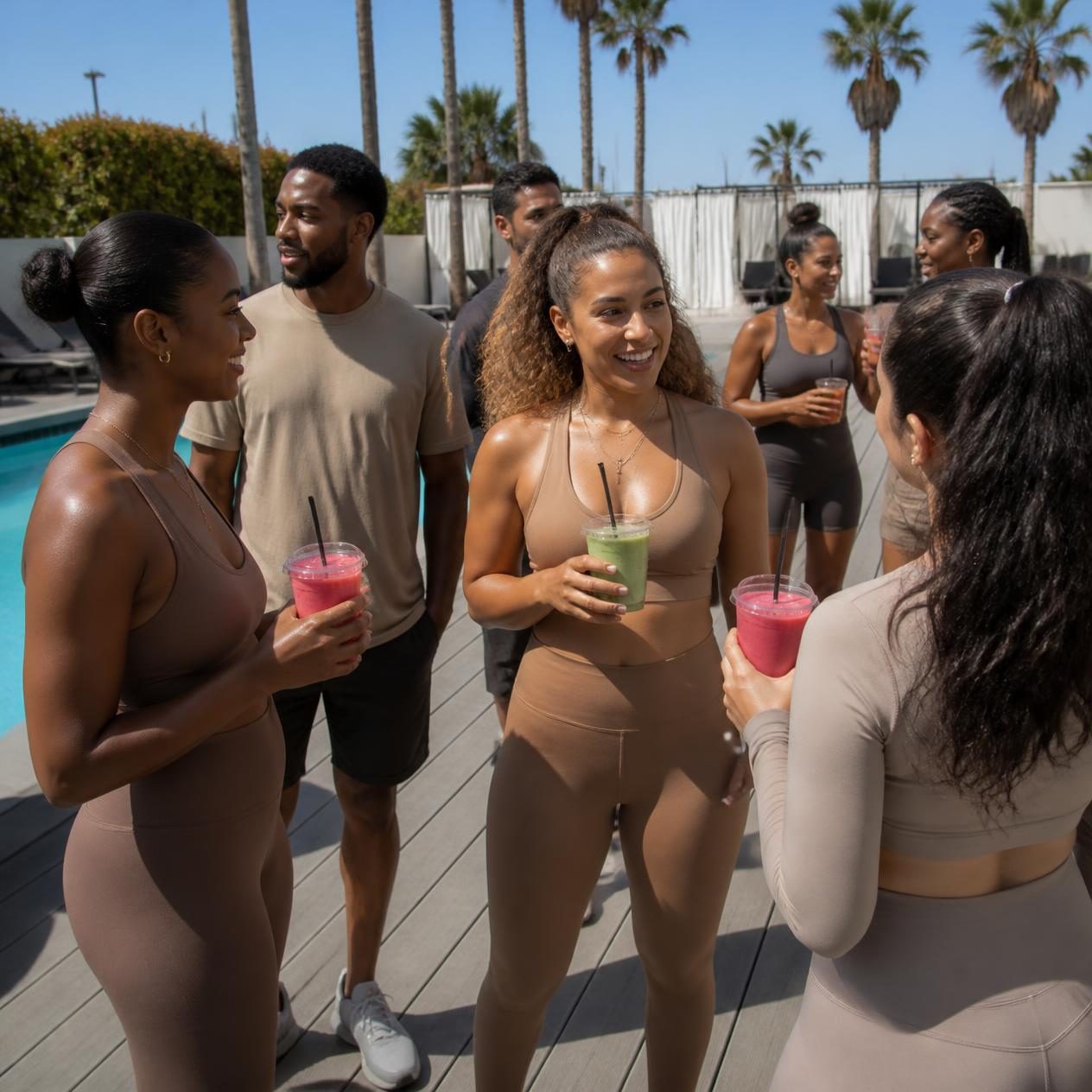 Friends in activewear chatting by the pool with smoothies in hand