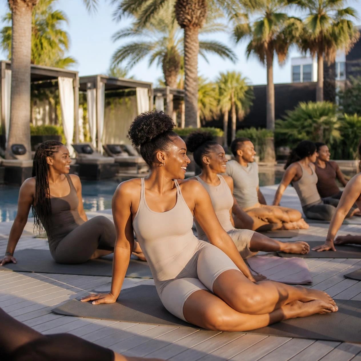 Smiling men and women stretching on mats on a pool deck with palm trees and cabanas in golden morning light