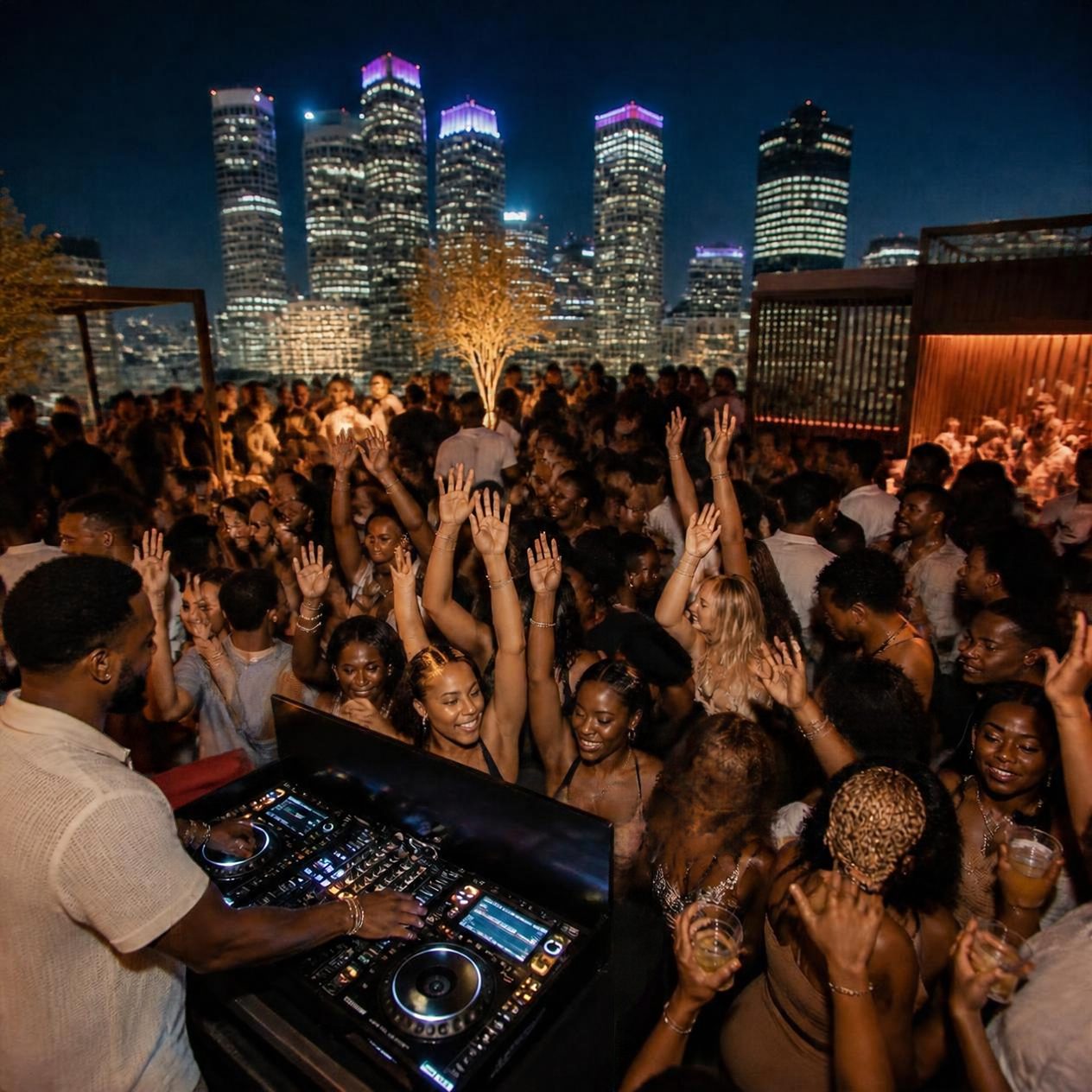 A DJ at the decks in front of a packed, dancing rooftop crowd and city towers