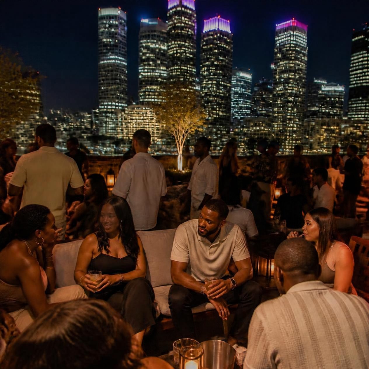Guests talking in small groups on lounge sofas on a rooftop at night