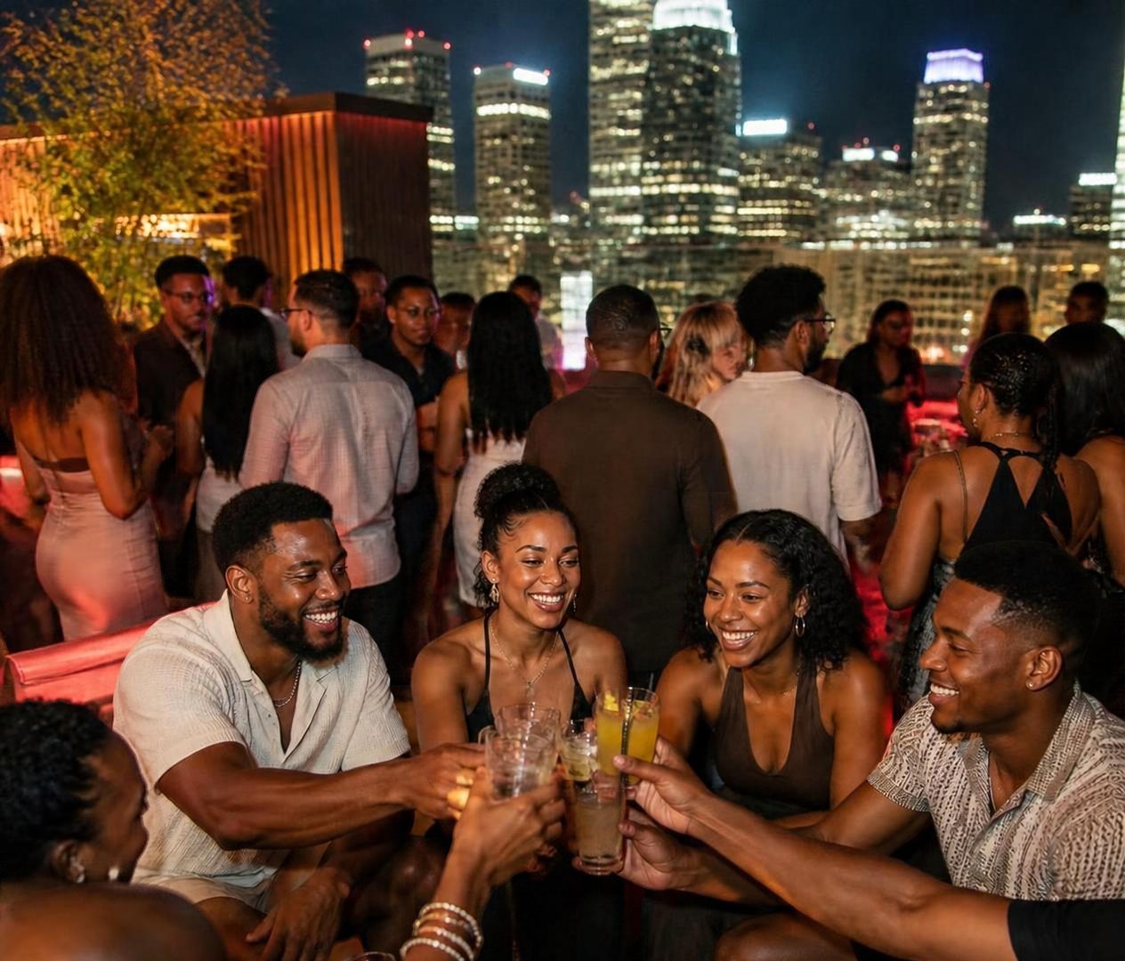 Friends laughing and clinking cocktails on a rooftop at night, with the city skyline lit up behind them