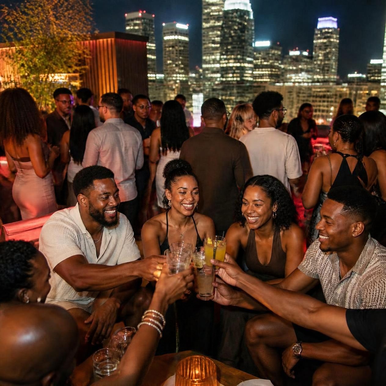 Friends laughing and clinking cocktails on a rooftop at night, with the city skyline lit up behind them