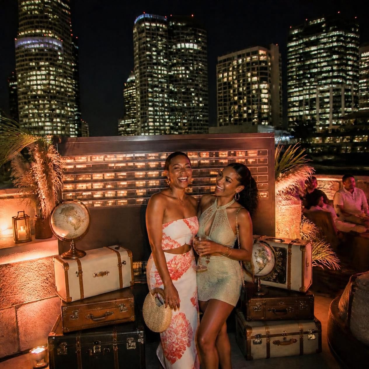 Two friends posing at a travel photo wall with vintage suitcases and a globe