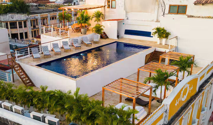 Aerial view of the rooftop pool deck at The Big House